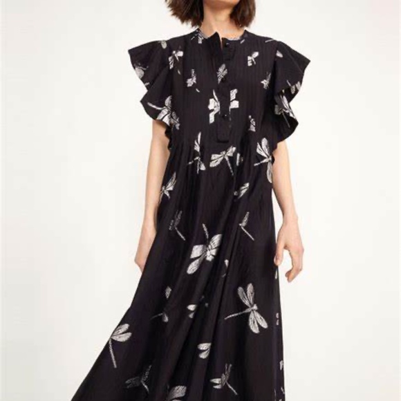 CYNTHIA ROWLEY DRESS CAFTAN BLACK WITH SILVER DRAGONFLIES - Picture 1 of 9